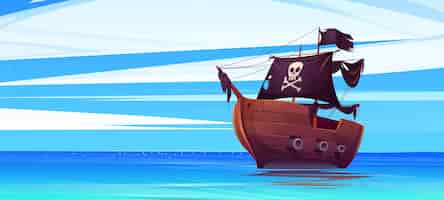 Vecteur gratuit bateau pirate avec drapeau noir et jolly roger