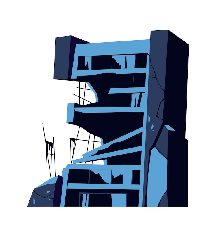 Vecteur gratuit bâtiment détruit, structure endommagée, conséquences d'une catastrophe, d'un cataclysme ou d'une guerre, illustration isolée de vecteur de dessin animé
