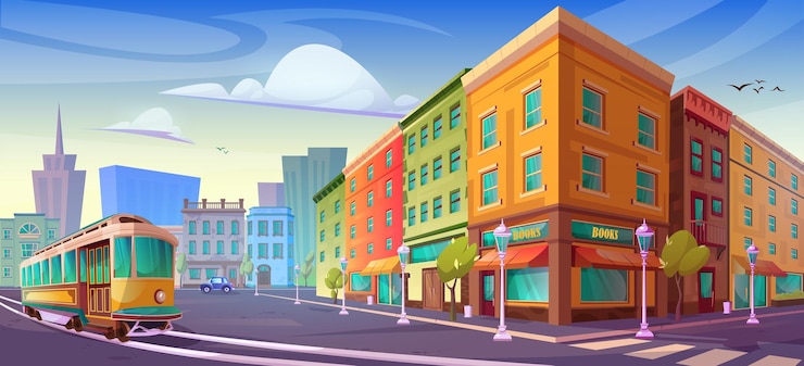 Vecteur gratuit bâtiment de magasin vectoriel de dessin animé de rue de ville avec vue sur le gratte-ciel urbain illustration d'appartement isométrique près du tramway en ville avec personne en journée ensoleillée architecture de jeu rétro fond d'écran graphique 2d