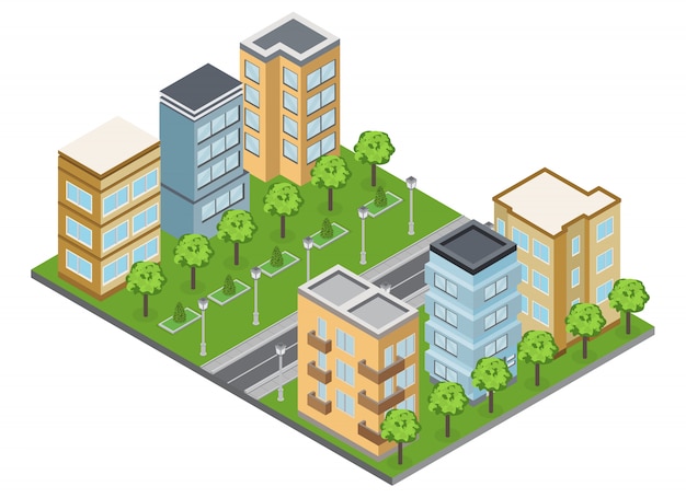 Vecteur gratuit bâtiments de banlieue et quartier avec maisons de ville et appartements isométriques