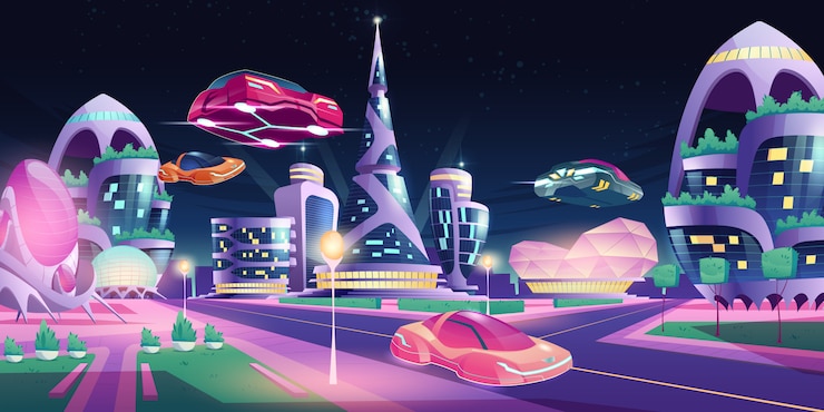 Vecteur gratuit bâtiments futuristes de la ville de nuit future voitures volantes