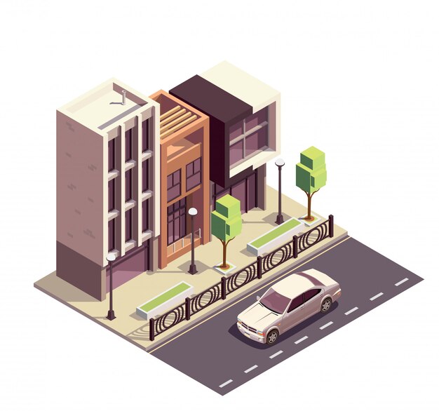 Bâtiments de maison de ville composition isométrique avec rangée de trottoirs de maisons modernes et autoroute avec paysage de rue