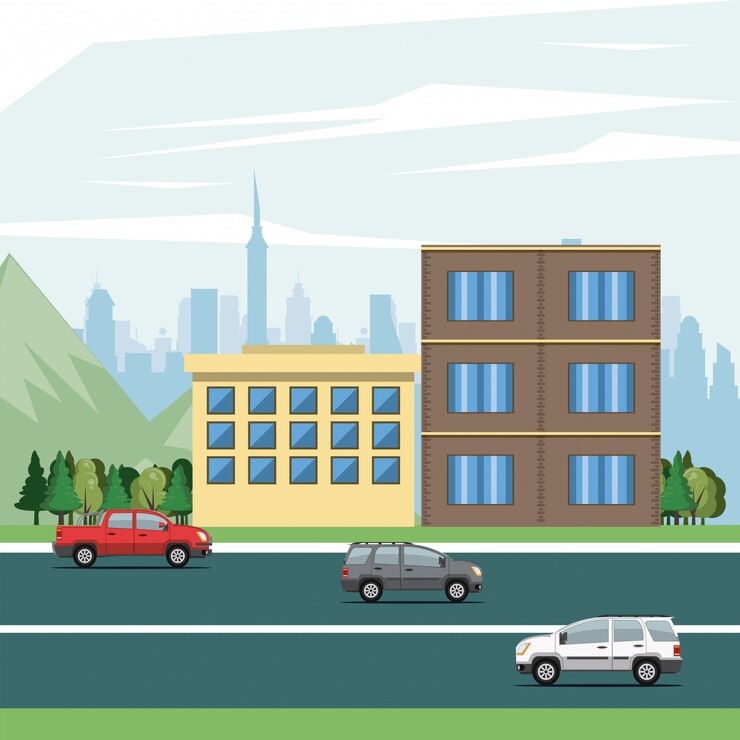 Vecteur gratuit bâtiments urbains avec paysage urbain