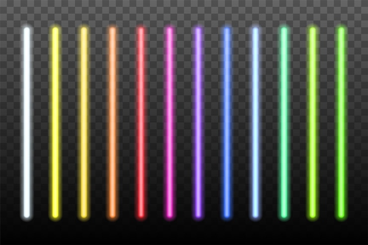 Vecteur gratuit bâtons lumineux au néon sur fond transparent bleu blanc jaune orange vert rose rouge lignes led rougeoyantes conception de pack de couleurs électriques pour la fête ou les clubs