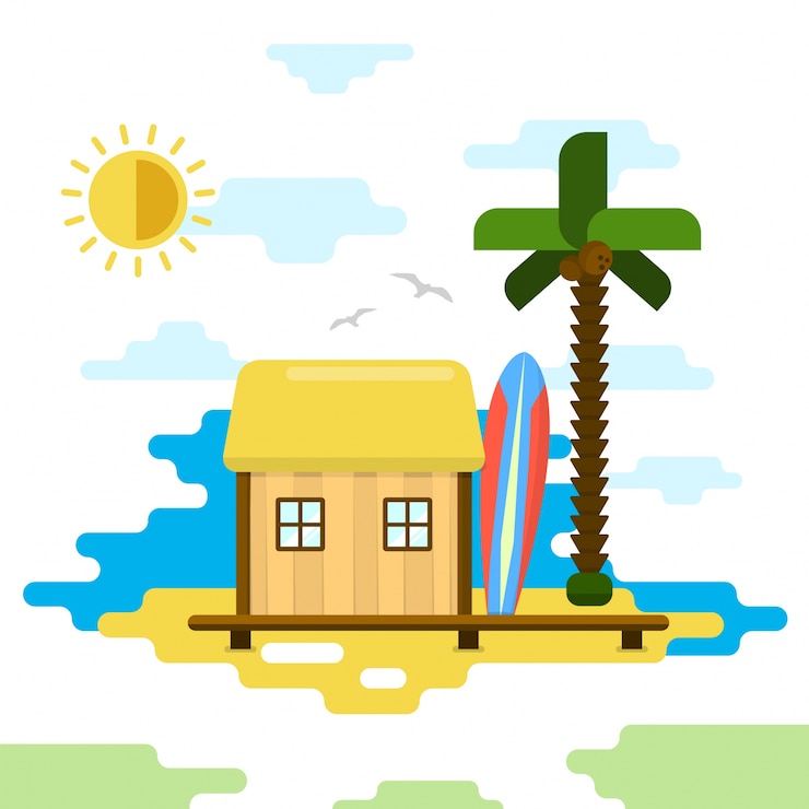 Vecteur gratuit beach bungalow plat style vecteur illustration de vacances d&#39;été