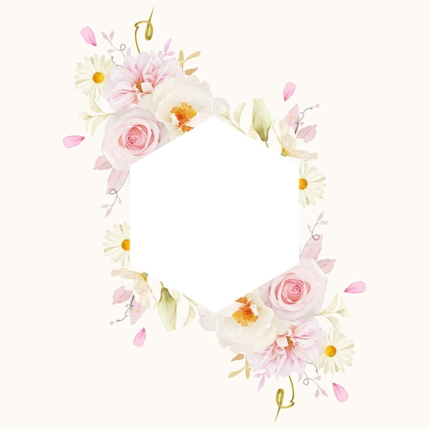 Beau cadre floral avec dahlia roses aquarelle et pivoine blanche