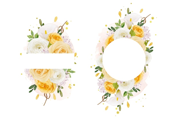 Vecteur gratuit beau cadre floral avec lys rose jaune aquarelle et fleur de renoncule