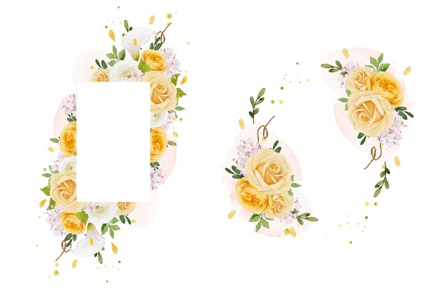 Beau cadre floral avec lys rose jaune aquarelle et fleur de renoncule