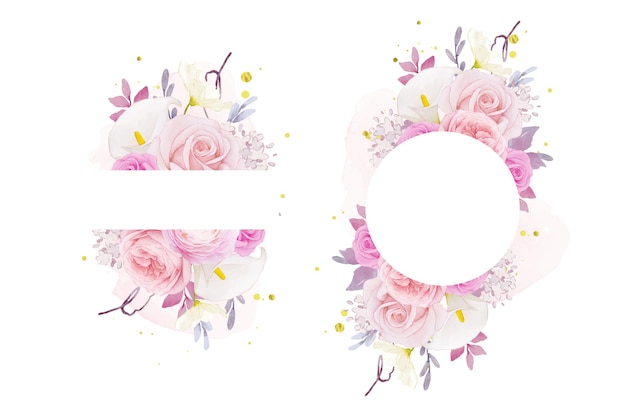 Vecteur gratuit beau cadre floral avec lys rose rose aquarelle et fleur de renoncule