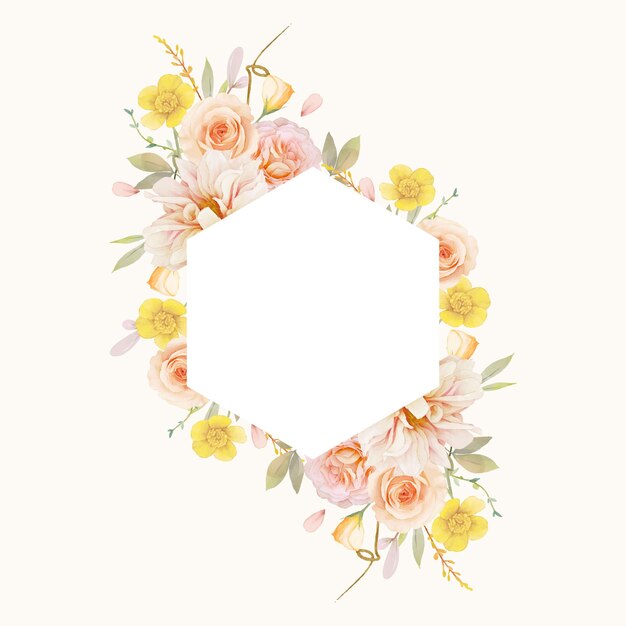 Beau cadre floral avec des roses aquarelles et dahlia