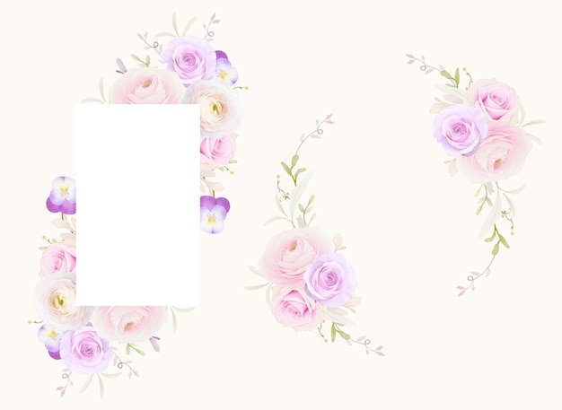 Vecteur gratuit beau cadre floral avec des roses aquarelles renoncule et fleur de pensée