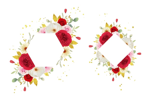 Beau cadre floral avec des roses blanches et rouges aquarelles