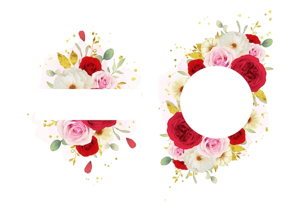 Beau cadre floral avec des roses blanches et rouges aquarelles