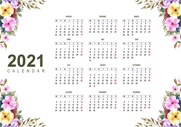 Vecteur gratuit beau calendrier 2021 avec un design floral coloré