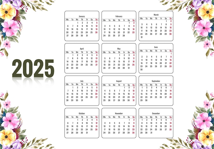 Vecteur gratuit beau calendrier 2025 avec un dessin floral coloré