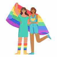 Vecteur gratuit beau couple de lesbiennes avec drapeau lgbt illustré