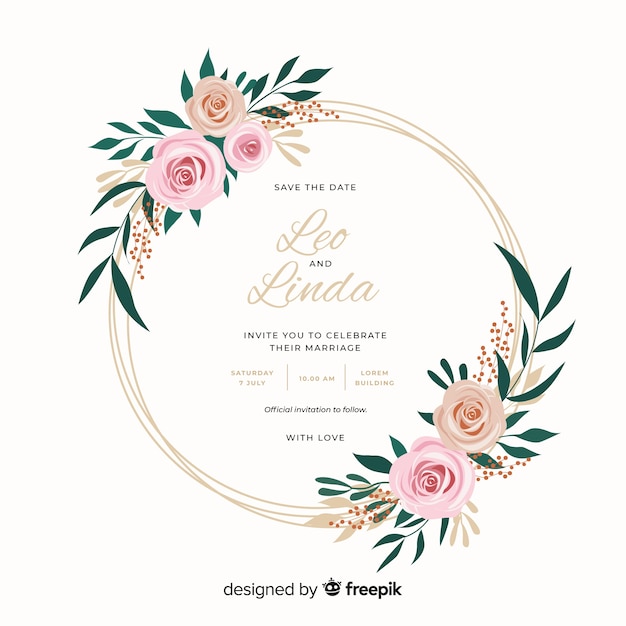 Vecteur gratuit beau design plat d'invitation de mariage cadre floral