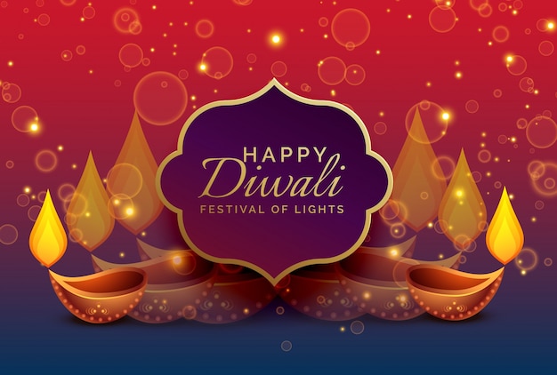 Vecteur gratuit beau diwali voeux fond avec diya et sparkles