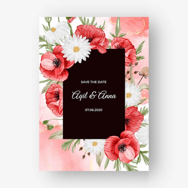 Vecteur gratuit beau fond de cadre rose pour invitation de mariage avec fleur de pavot rouge