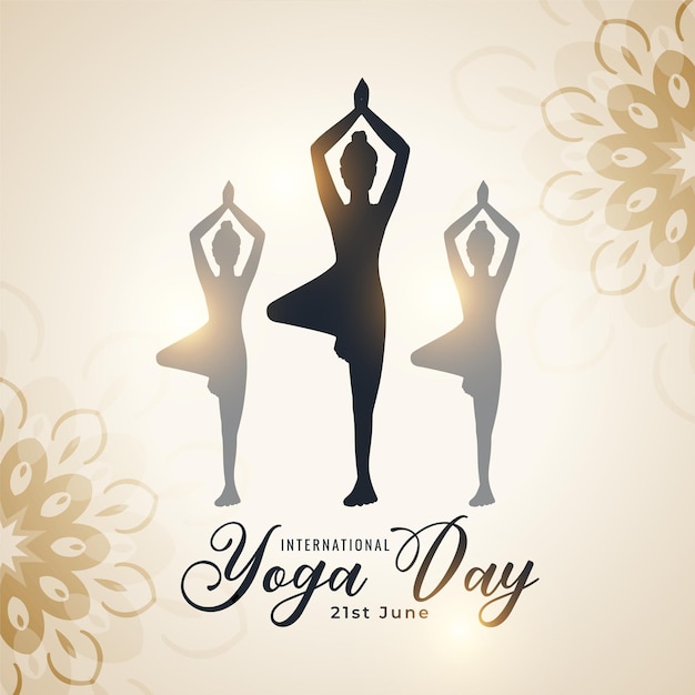Vecteur gratuit beau fond de journée internationale de yoga avec la silhouette des femmes