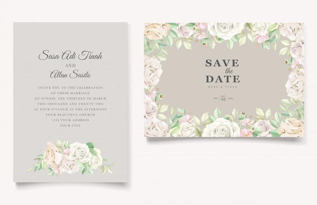 Vecteur gratuit beau jeu de cartes d'invitation de mariage floral doux et feuilles