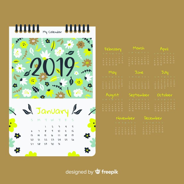 Vecteur gratuit beau modèle de calendrier 2019 avec style floral