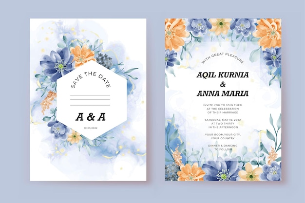 Beau modèle de carte de mariage floral orange bleu