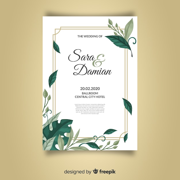 Beau Modèle D'invitation De Mariage Avec Des Feuilles Et Un Cadre Doré