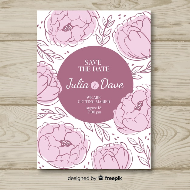 Vecteur gratuit beau modèle d'invitation de mariage avec des fleurs de pivoine