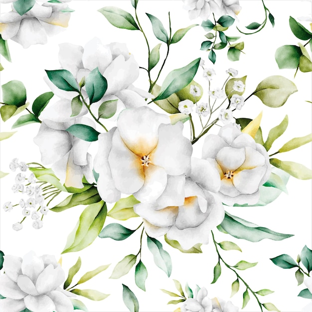 Beau Motif Floral Aquarelle Sans Couture Avec Feuilles De Verdure Et Fleur Blanche