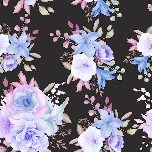 Beau motif floral violet et bleu et feuilles sans couture