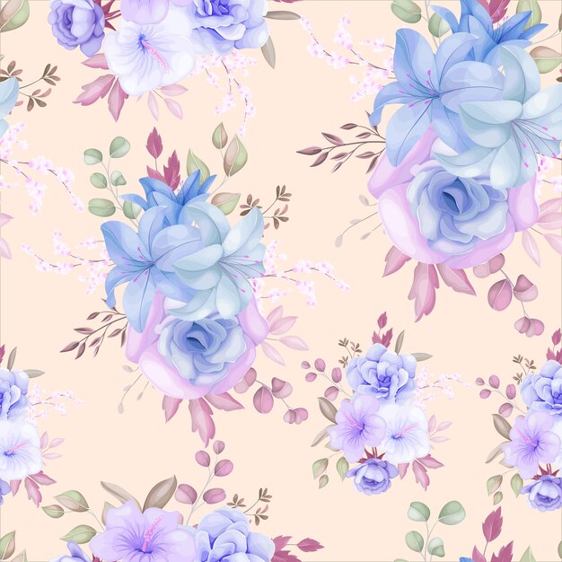 Beau motif floral violet et bleu et feuilles sans couture