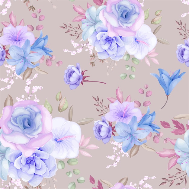 Beau Motif Floral Violet Et Bleu Et Feuilles Sans Couture