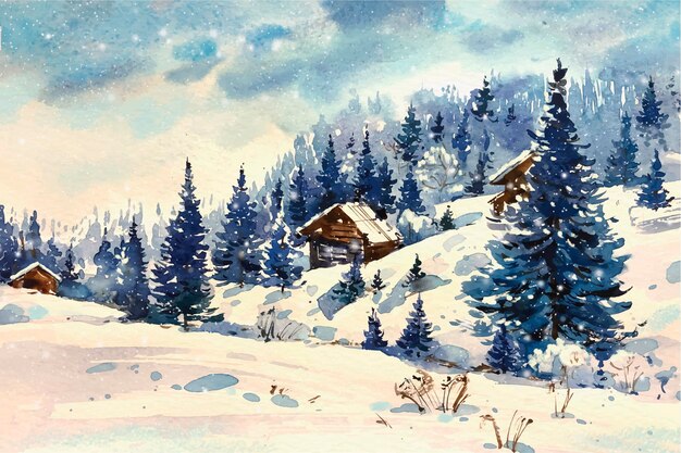 Beau paysage d'hiver à l'aquarelle