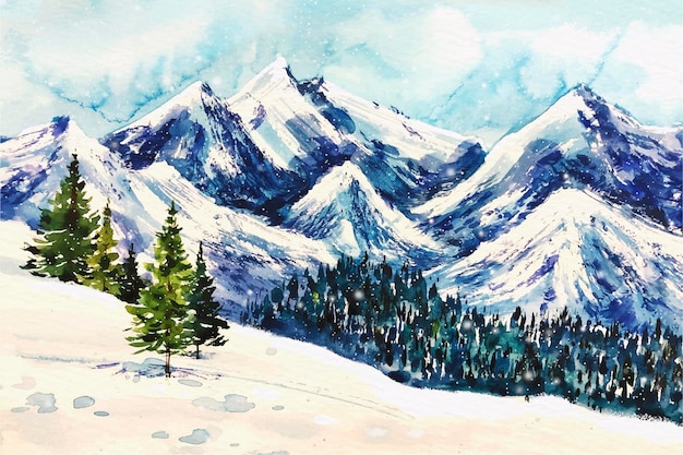 Vecteur gratuit beau paysage d'hiver en fond aquarelle