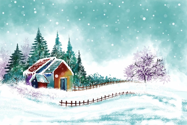 Beau paysage d'hiver avec maison en fond de carte de noël enneigé