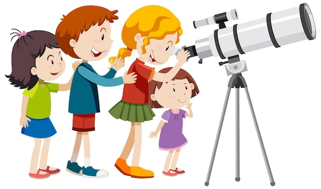 Vecteur gratuit beaucoup d'enfants regardant le télescope