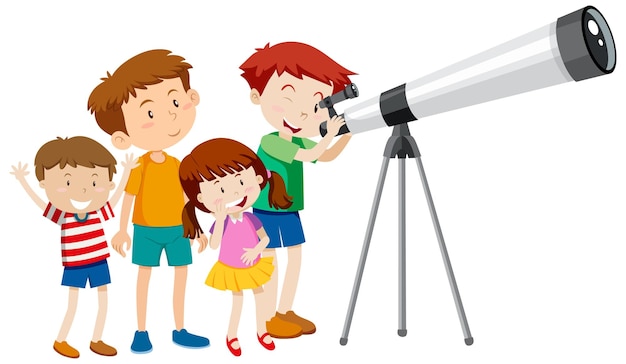 Beaucoup d'enfants regardant à travers le télescope