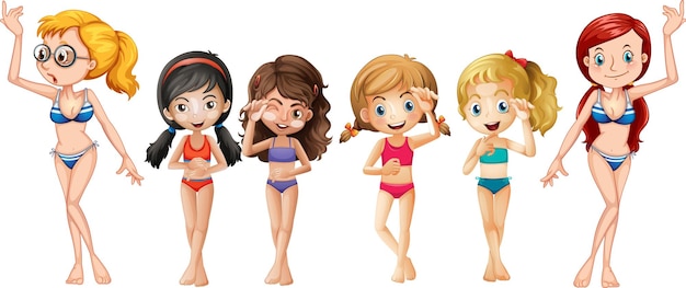 Vecteur gratuit beaucoup de filles portant des personnages de dessins animés de bikinis