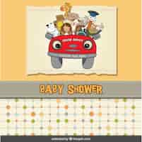 Vecteur gratuit bébé carte de douche avec une voiture de bande dessinée