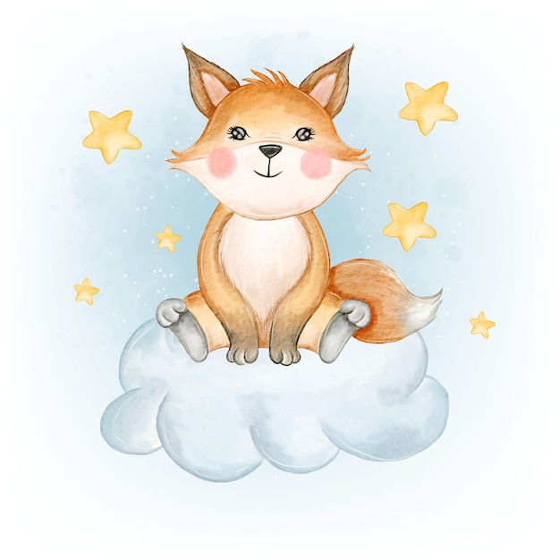 Vecteur gratuit bébé renard adorable sur le nuage aquarelle