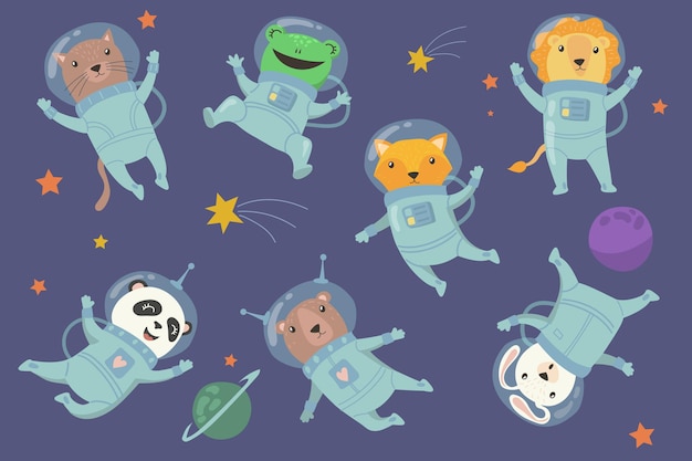 Vecteur gratuit bébés animaux mignons dans un ensemble plat de l'espace