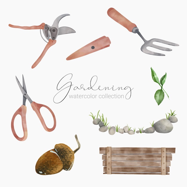 Vecteur gratuit bel ensemble d'accessoires et de plantes pour outils de jardin à l'aquarelle