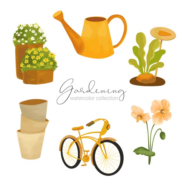 Bel ensemble d'aquarelles d'accessoires d'outils de jardin et de plantes telles que des pots, des buissons, des arrosoirs, des plantes, des carottes, des fleurs, des bicyclettes