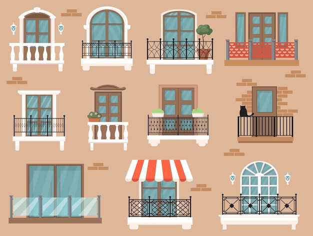 Vecteur gratuit bel ensemble plat de balcon décoré pour la conception de sites web. fenêtres vintage de dessin animé avec un décor classique et des clôtures collection d'illustration vectorielle isolée. concept d'architecture et de façade