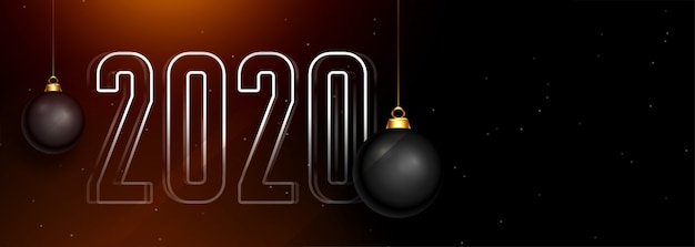 Belle bannière sombre de bonne année 2020 avec des boules de Noël