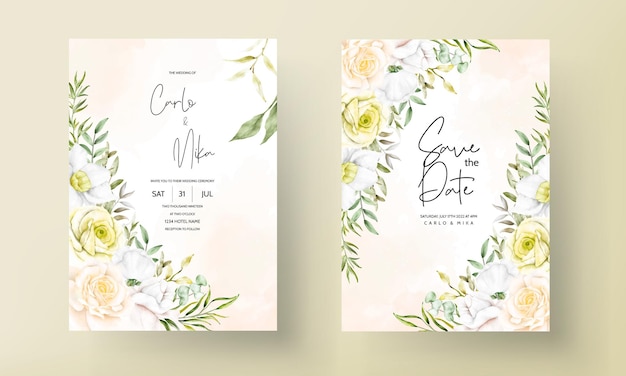 Vecteur gratuit belle carte d'invitation fleur et feuilles de roses douces