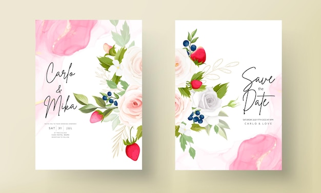 Belle Carte D'invitation De Mariage De Fleur Rose Avec Fraise Botanique Et Myrtille