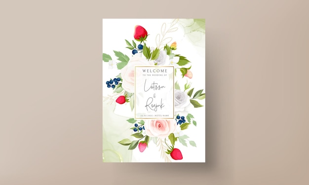 Belle Carte D'invitation De Mariage De Fleur Rose Avec Fraise Botanique Et Myrtille