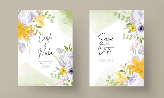 Belle Carte D'invitation De Mariage Fleur Violette Jaune Et Grise